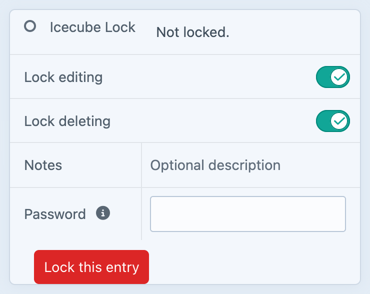 The Icecube lock panel in a Craft entry's sidebar, showing the entry is not locked, switches for locking editing and locking deleting, a notes field, an optional password and a Lock this entry button