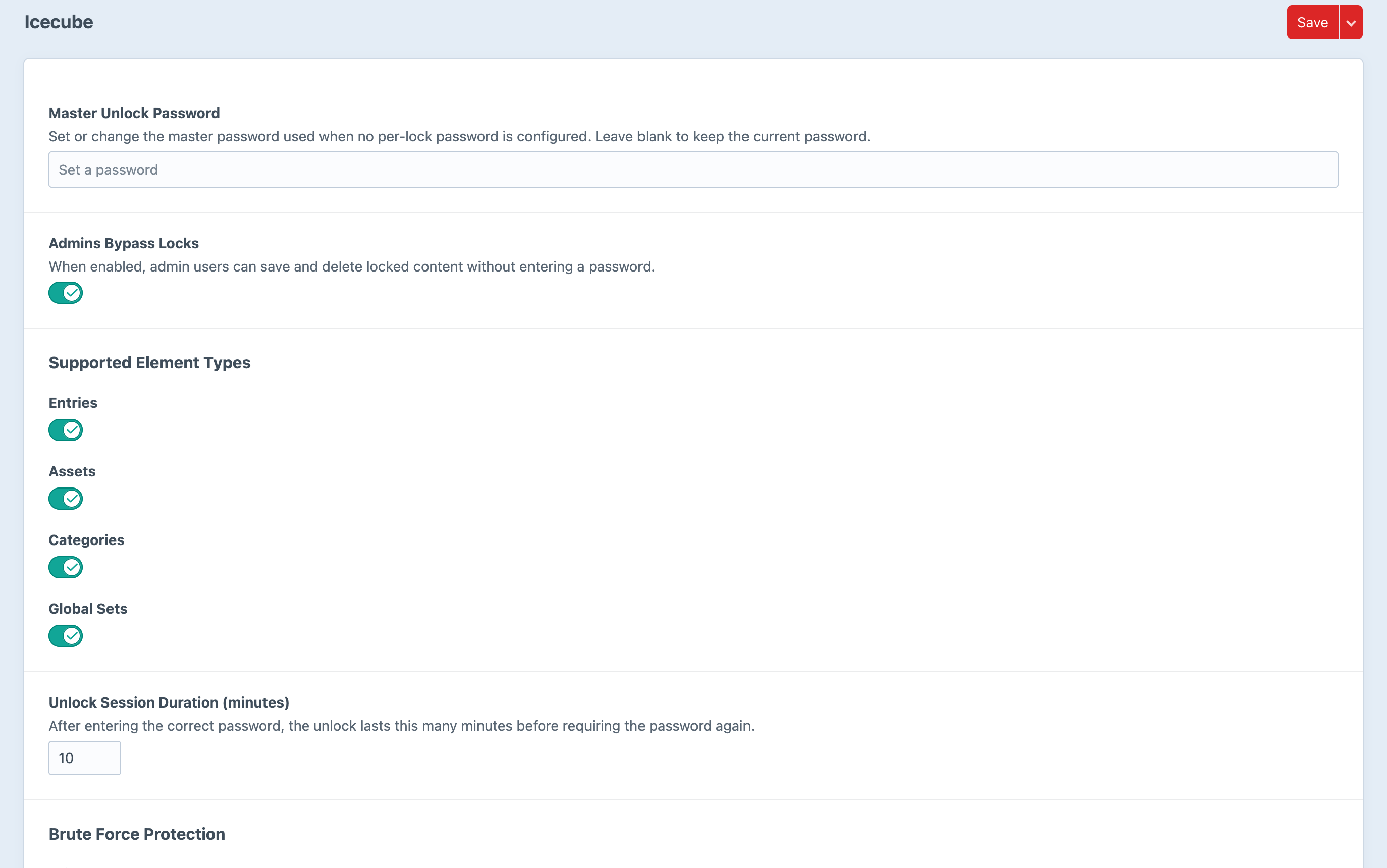 The Icecube settings screen showing the master unlock password, whether admins bypass locks, which element types can be locked, and the unlock session duration
